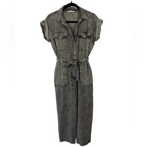 G. Kale Petite Acid Wash Denim Jumpsuit Tie Waist Cropped PM